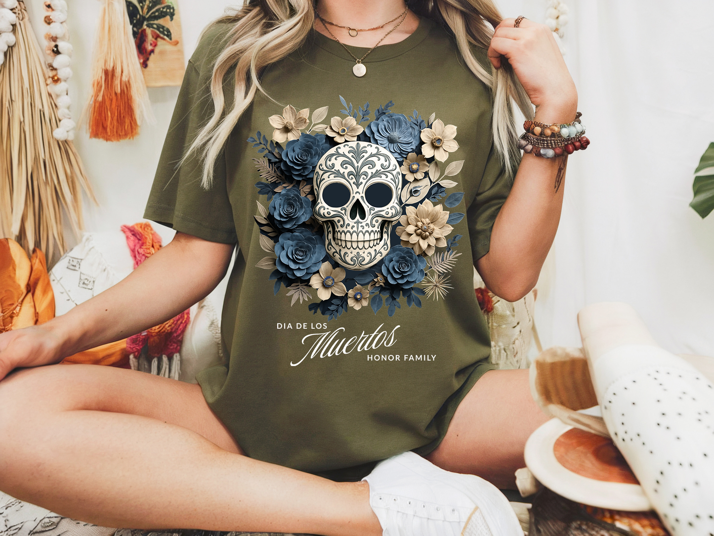 Dia de los Muertos Floral Sugar skull - Front Only - T-Shirt