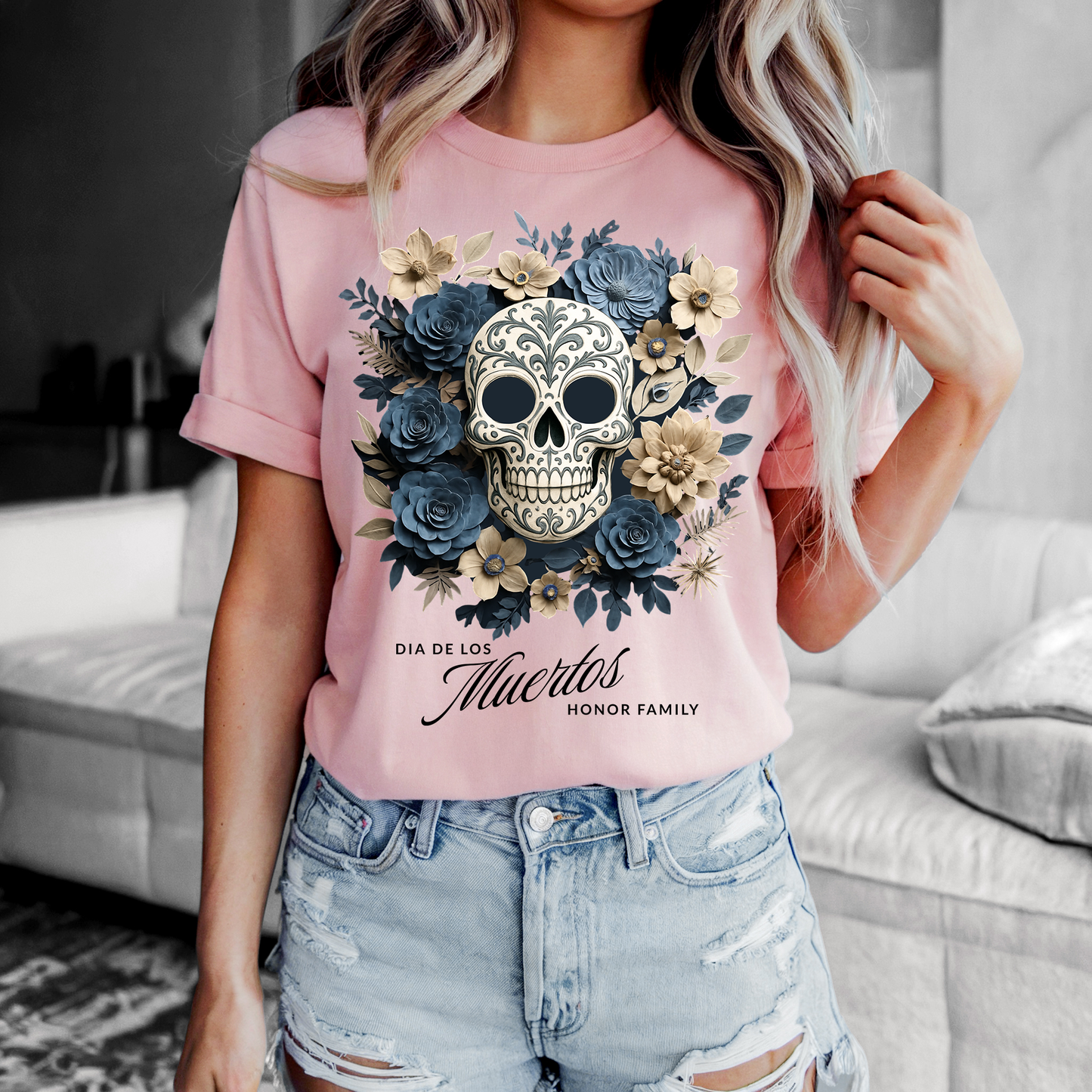 Dia de los Muertos Floral Sugar skull - Front Only - T-Shirt
