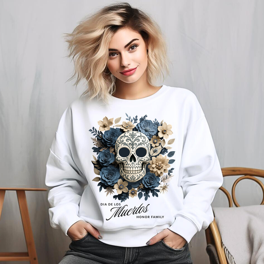 Dia de los Muertos Floral Sugar Skull - Front Only -  Sweatshirt