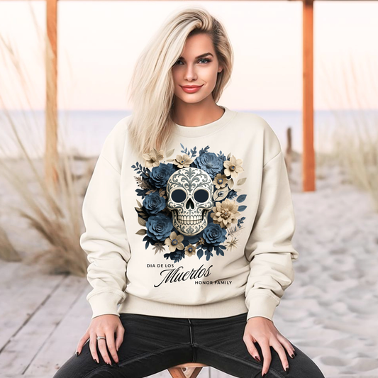 Dia de los Muertos Floral Sugar Skull - Front Only -  Sweatshirt