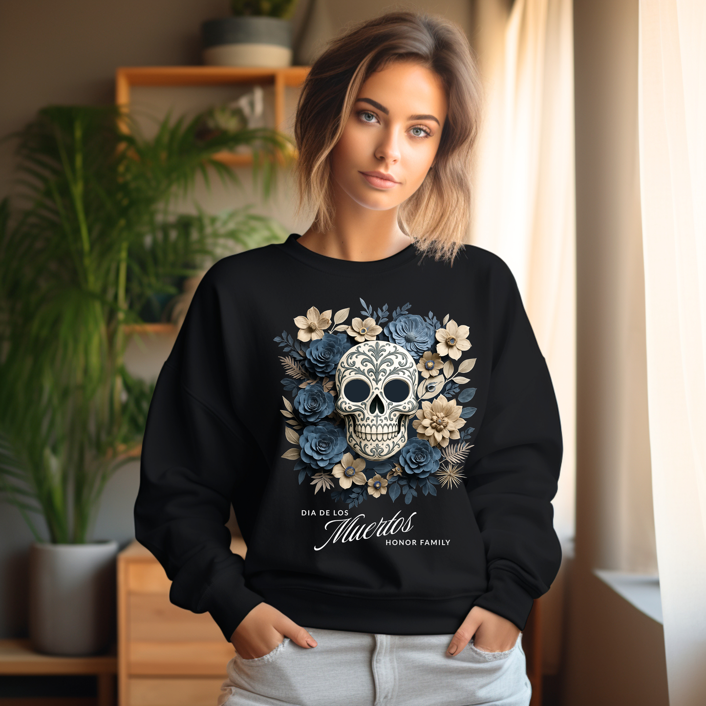 Dia de los Muertos Floral Sugar Skull - Front Only -  Sweatshirt