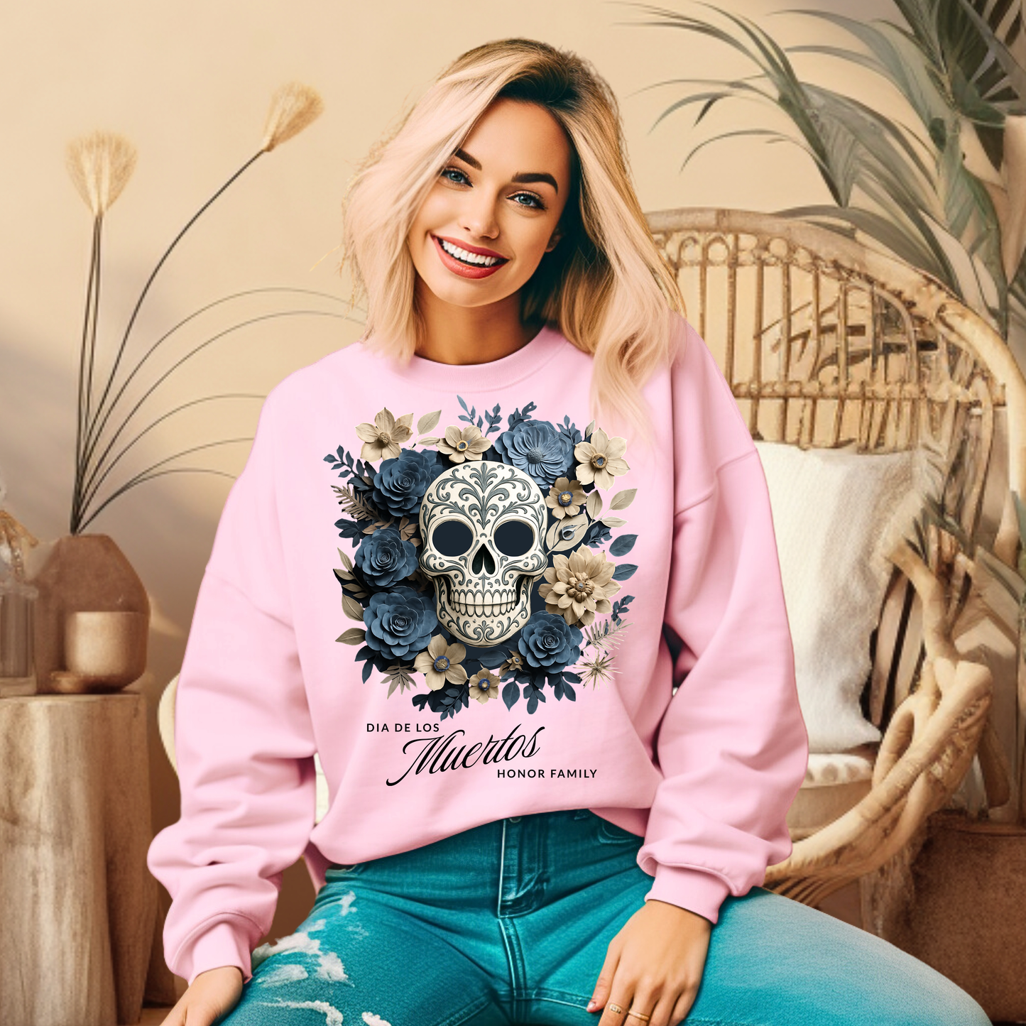 Dia de los Muertos Floral Sugar Skull - Front Only -  Sweatshirt