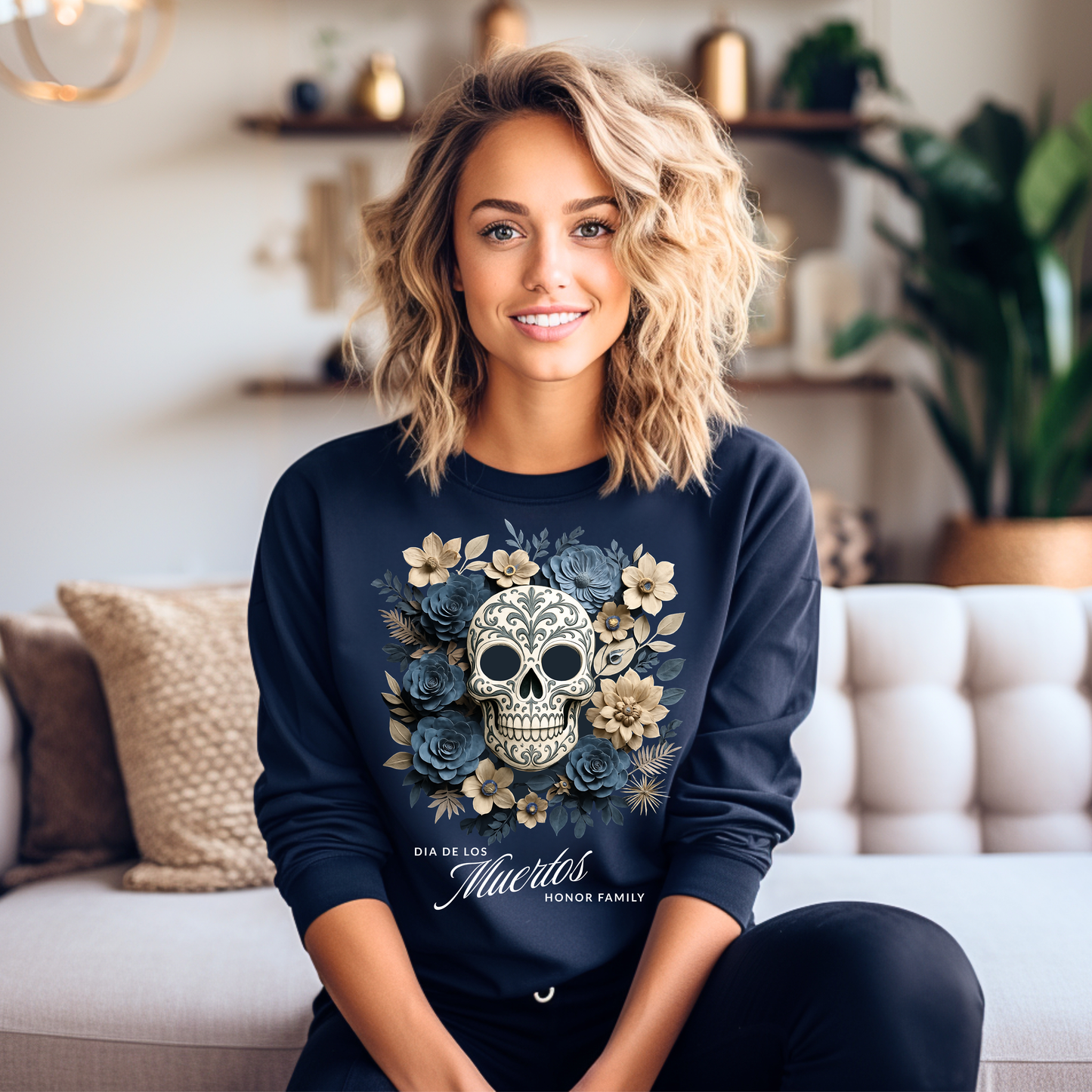 Dia de los Muertos Floral Sugar Skull - Front Only -  Sweatshirt