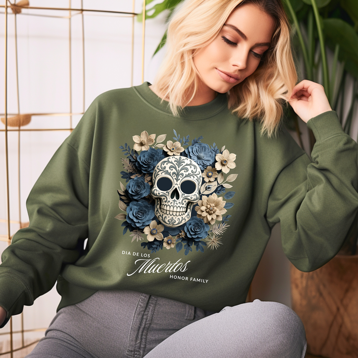Dia de los Muertos Floral Sugar Skull - Front Only -  Sweatshirt